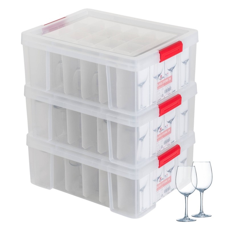 sundis Lot de 3 boîtes de rangement en plastique pour verres 27L renforcées transparentes avec couvercle clipsable GLASS STORE sundis Lot de 3 boîtes de rangement en plastique pour verres 27L renforcées transparentes avec couvercle clipsable GLASS STORE