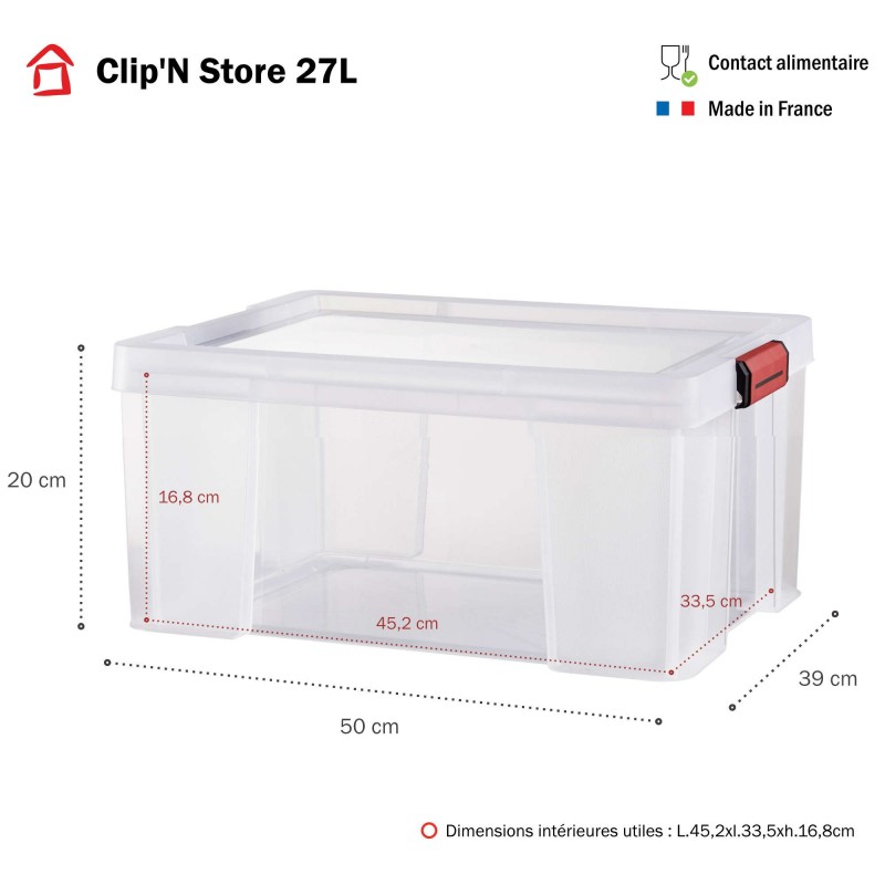 Sundis Lot De 3 Boîtes De Rangement En Plastique Transparent 27L Renforcées Avec Couvercle Clipsable CLIP’N STORE