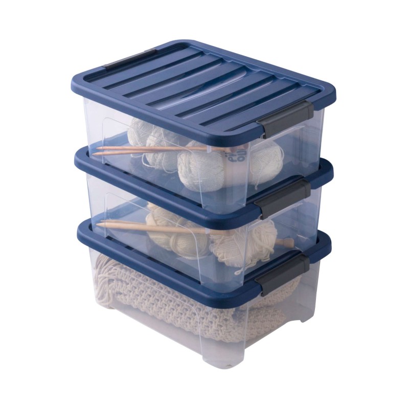 sundis Lot de 3 boîtes de rangement en plastique transparent 17L empilables avec couvercle clipsable WAVE BOX