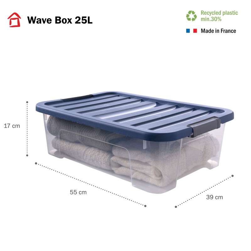 Sundis Lot De 3 Boîtes De Rangement En Plastique Transparent 25L Empilables Avec Couvercle Clipsable WAVE BOX
