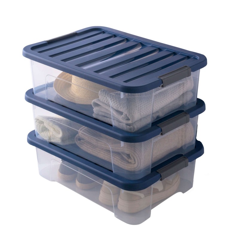 sundis Lot de 3 boîtes de rangement en plastique transparent 25L empilables avec couvercle clipsable WAVE BOX