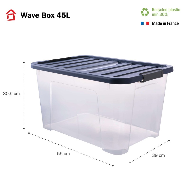 Sundis Lot De 3 Boîtes De Rangement En Plastique Transparent 45L Empilables Avec Couvercle Clipsable WAVE BOX