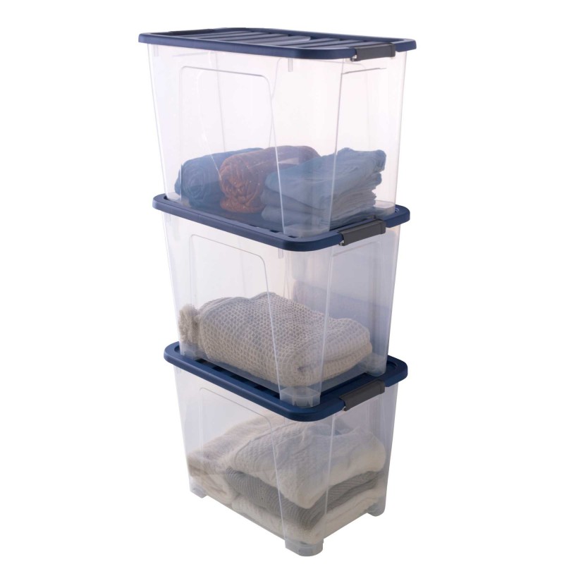 sundis Lot de 3 boîtes de rangement en plastique transparent 60L XL empilables avec roues et couvercle clipsable WAVE BOX sundis Lot de 3 boîtes de rangement en plastique transparent 60L XL empilables avec roues et couvercle clipsable WAVE BOX