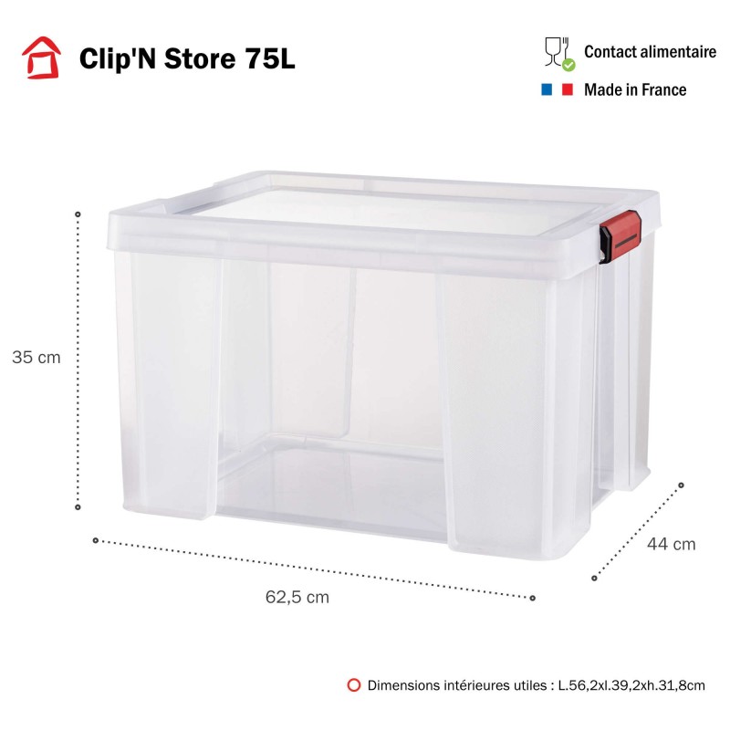 Sundis Lot De 3 Boîtes De Rangement En Plastique Transparent 75L Renforcées Avec Couvercle Clipsable CLIP’N STORE