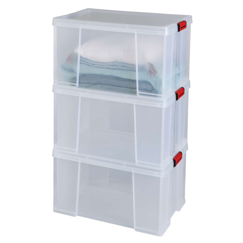 sundis Lot de 3 boîtes de rangement en plastique transparent 75L renforcées avec couvercle clipsable CLIP’N STORE sundis Lot de 3 boîtes de rangement en plastique transparent 75L renforcées avec couvercle clipsable CLIP’N STORE
