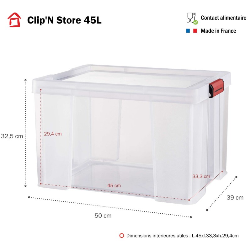 Sundis Lot De 3 Boîtes De Rangement En Plastique Transparent 45L Renforcées Avec Couvercle Clipsable CLIP’N STORE