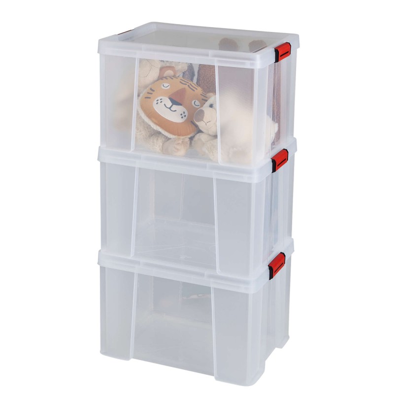 sundis Lot de 3 boîtes de rangement en plastique transparent 45L renforcées avec couvercle clipsable CLIP’N STORE sundis Lot de 3 boîtes de rangement en plastique transparent 45L renforcées avec couvercle clipsable CLIP’N STORE