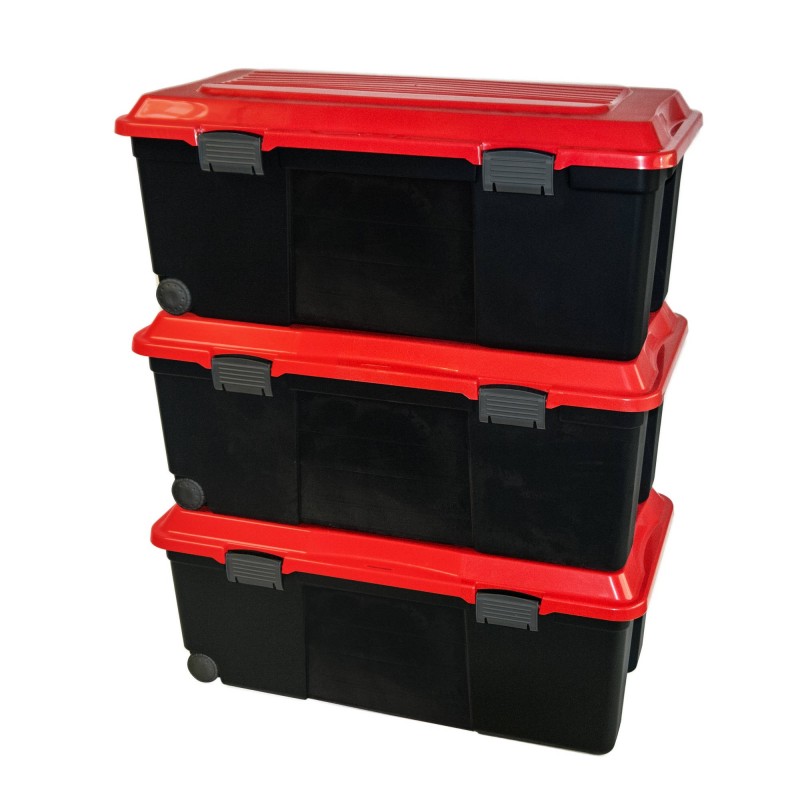 sundis Lot de 3 malles de rangement 75L en plastique à roulettes avec couvercle à charnières et clipsable CAMPER