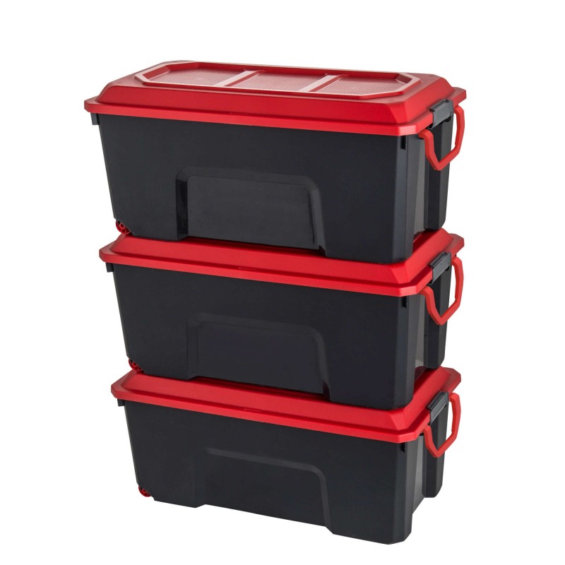 sundis Lot de 3 malles de rangement en plastique 75l avec couvercle roues et poignée de transport LOCKER