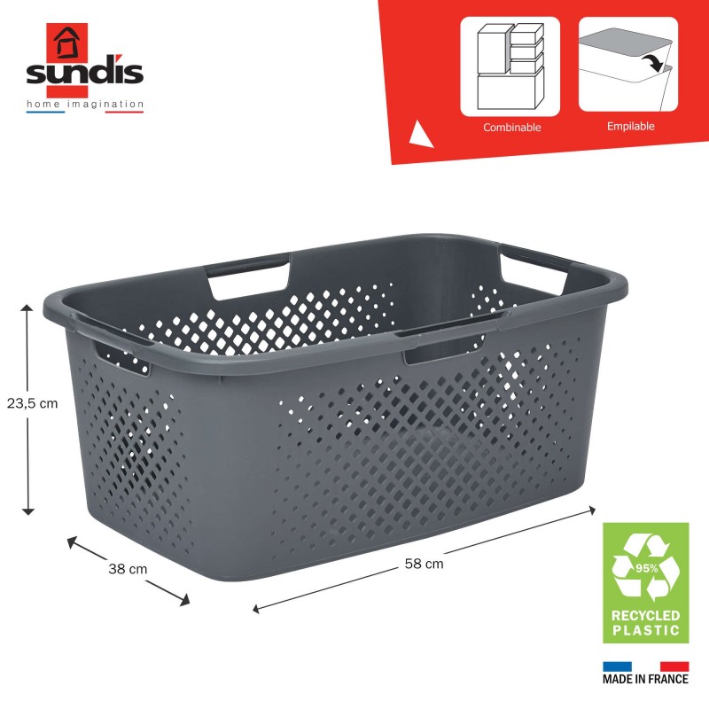 Sundis Lot De 3 Paniers à Linge En Plastique 40l PIXEL Gris