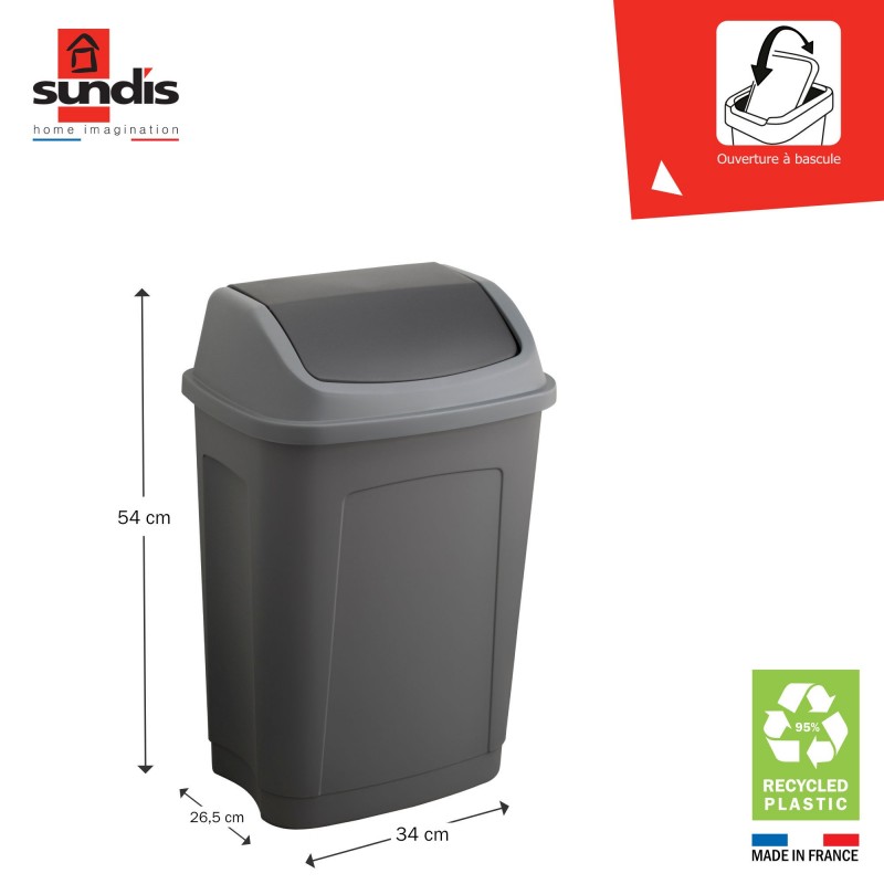 Sundis Lot De 3 Poubelles à Couvercle Basculant 25 Litres Rectangulaire En Plastique Recyclé SWING