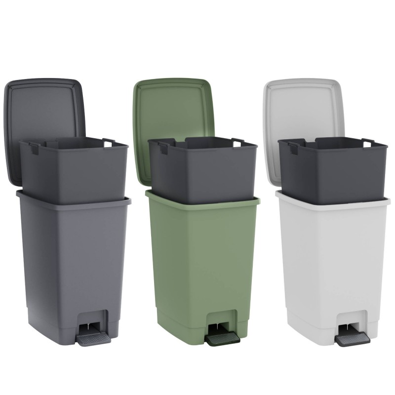 sundis Lot de 3 poubelles à pédale 30 litres avec seau amovible en plastique recyclé BUCKET BIN - tri sélectif