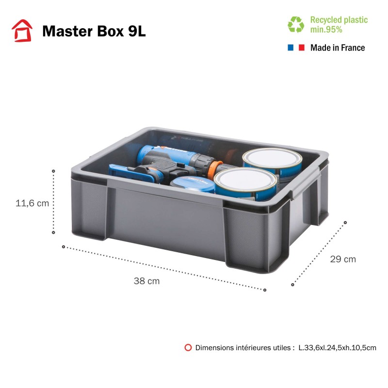 Sundis Lot De 4 Bacs De Rangement Plastique Robustes Et Renforcés 9L MASTER BOX - Gris
