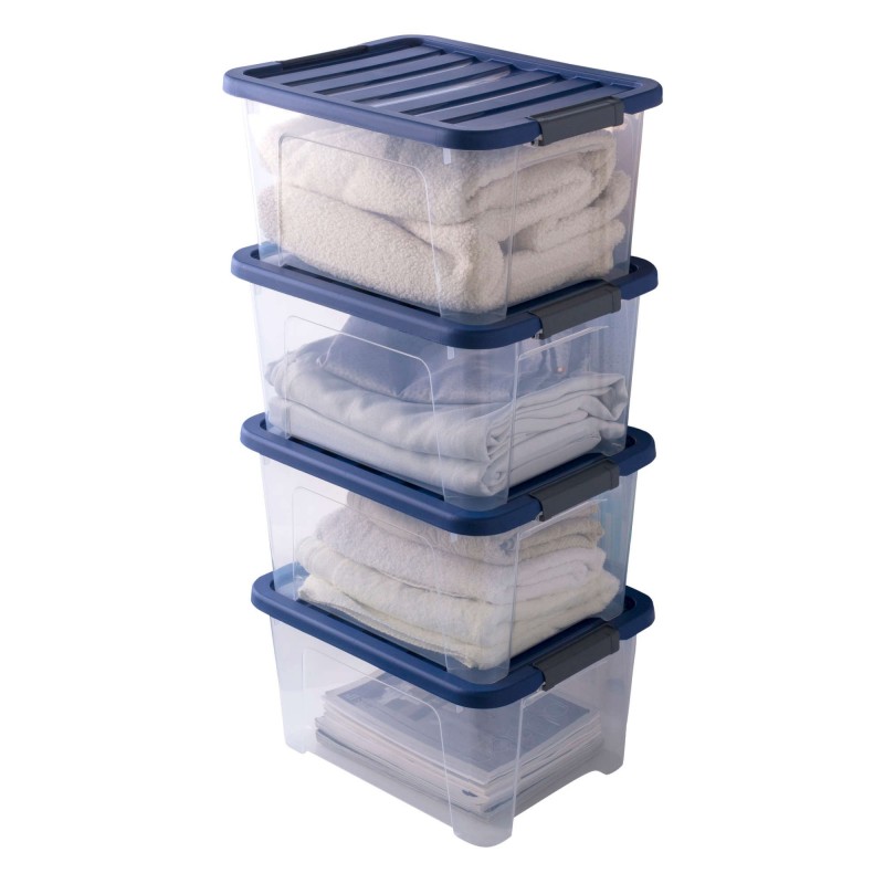 sundis Lot de 4 boîtes de rangement en plastique transparent 24L empilables avec couvercle clipsable WAVE BOX