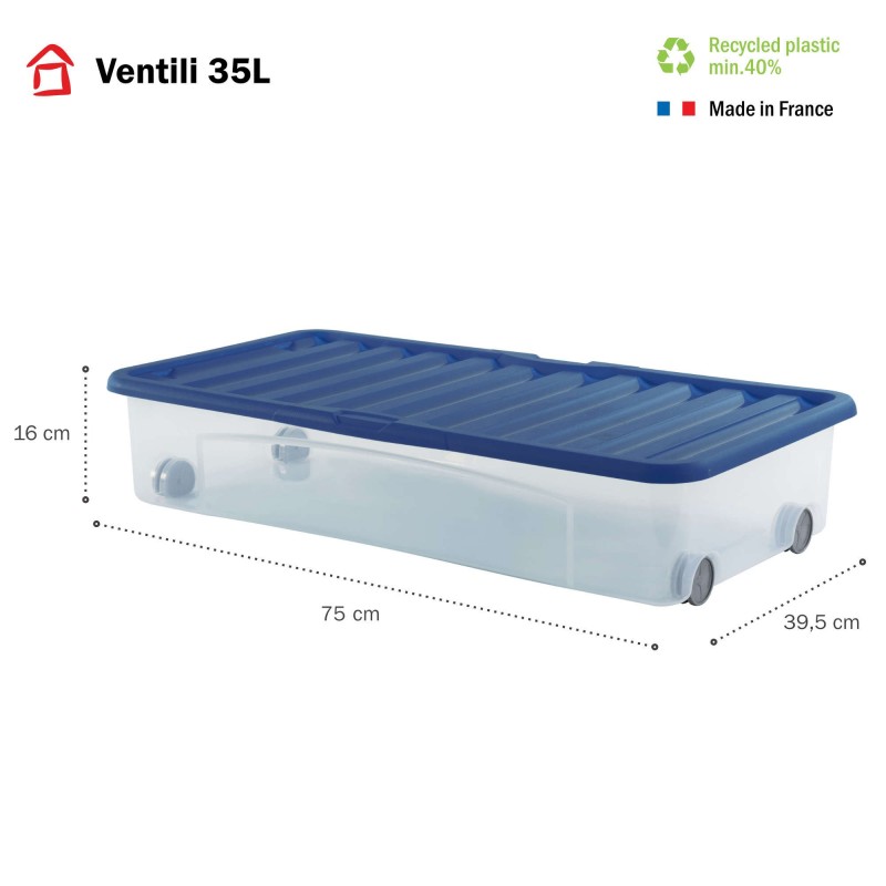 Sundis Lot De 4 Boîtes De Rangement Sous Le Lit 35L Avec Couvercle Et Roues VENTILI - Bleu