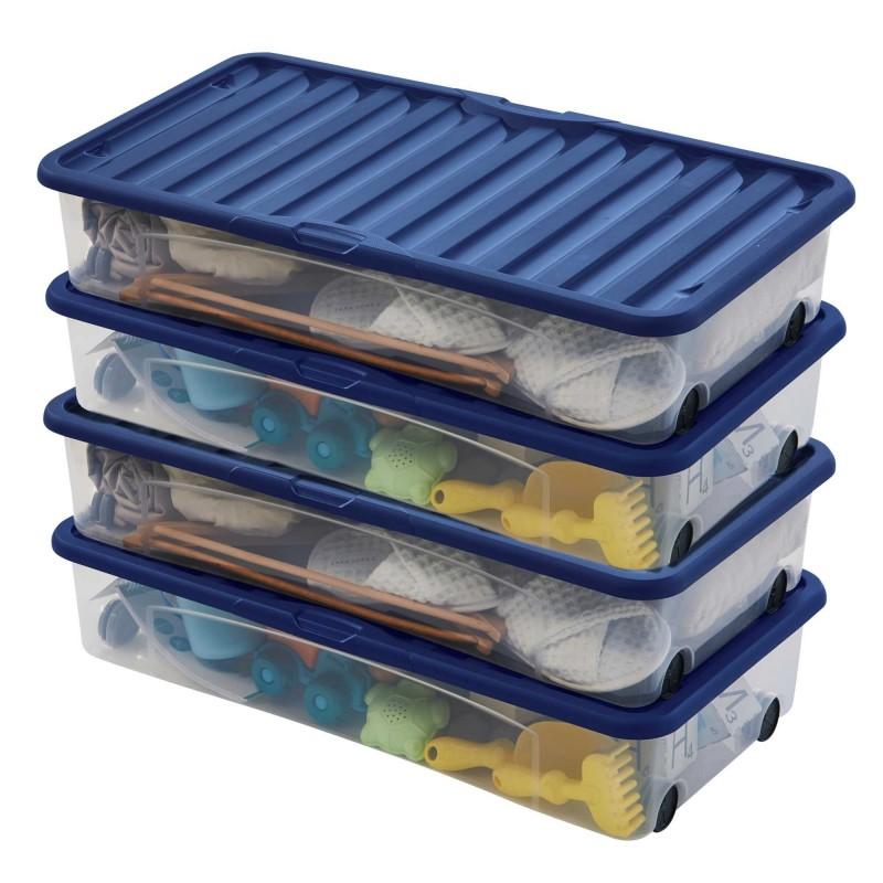 sundis Lot de 4 boîtes de rangement sous le lit 35L avec couvercle et roues VENTILI - bleu