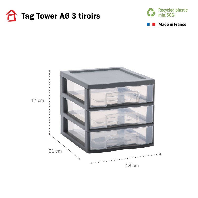 Sundis Lot De 4 Petites Tours De Rangement En Plastique A6 Tag Tower 3 Tiroirs Transparents - Gris