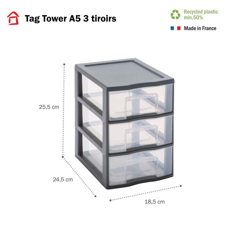 Sundis Lot De 4 Petites Tours De Rangement En Plastique A5 Tag Tower 3 Tiroirs - Gris