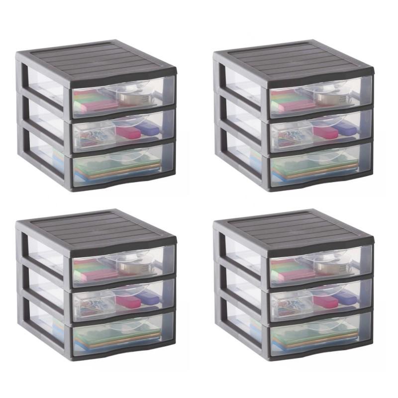 sundis Lot de 4 petites tours de rangement plastiques A6 Orgamix 3 tiroirs transparents - gris