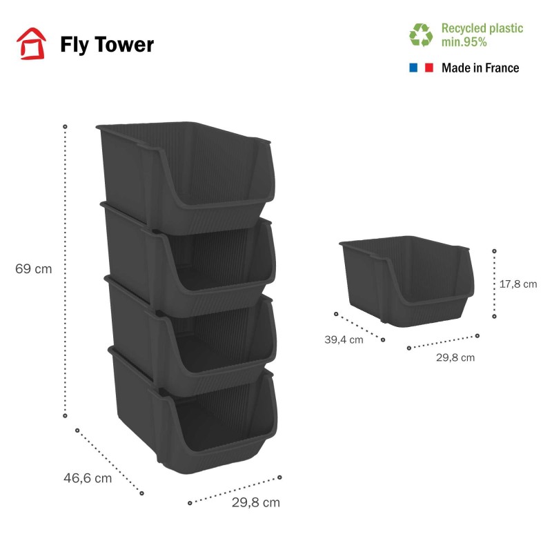 Sundis Lot De 4 Tours De 4 Bacs De Rangement En Plastique Empilables FLY TOWER - Gris