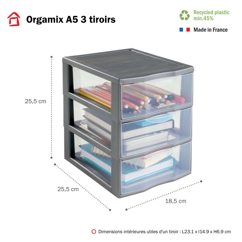 Sundis Lot De 4 Tours De Rangement Plastique A5 Orgamix 3 Tiroirs Transparents - Gris
