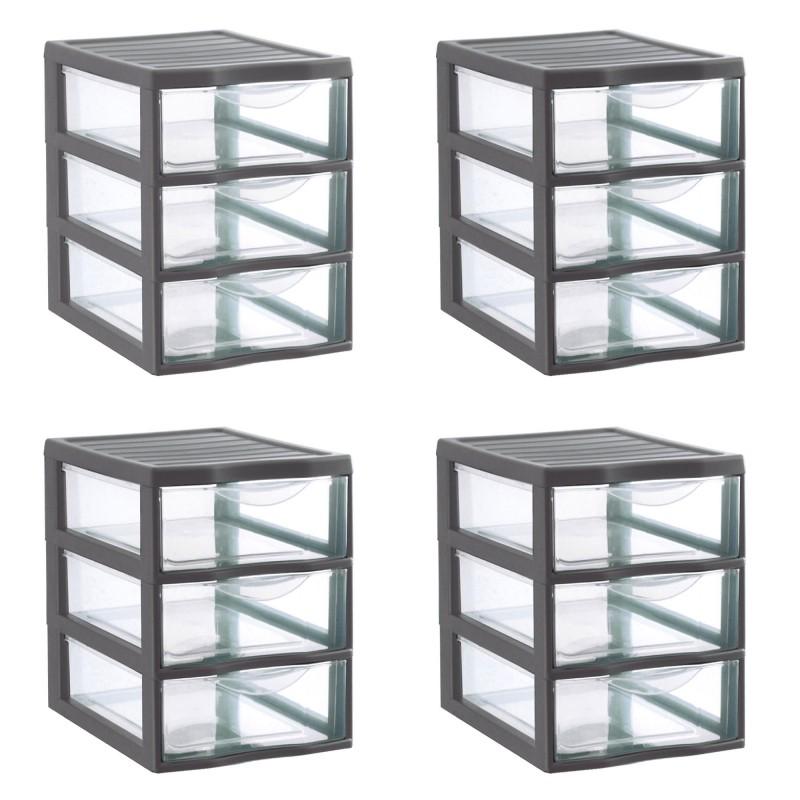 sundis Lot de 4 tours de rangement plastique A5 Orgamix 3 tiroirs transparents - gris