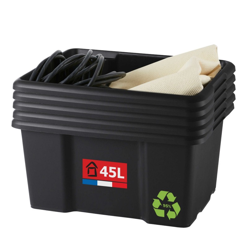 sundis Lot de 5 bacs de rangement plastique 45L empilables - noir sundis Lot de 5 bacs de rangement plastique 45L empilables - noir
