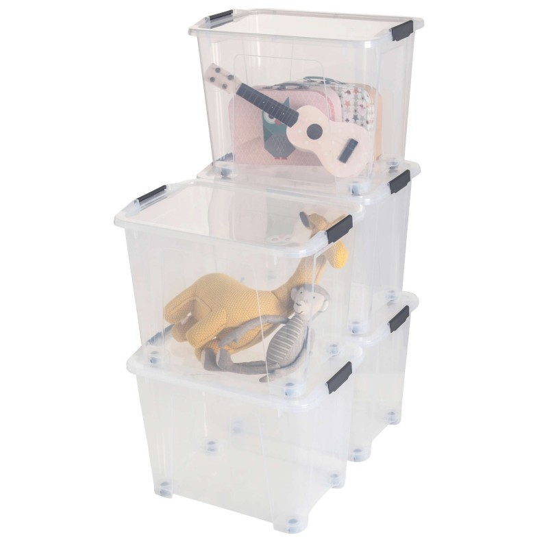 sundis Lot de 5 boîtes de rangement avec roues en plastique transparent 60L avec couvercle clipsable VIEW BOX