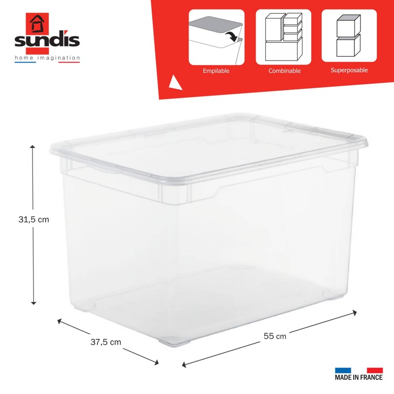 Sundis Lot De 5 Boîtes De Rangement En Plastique Transparent 46L Avec Couvercle CLEAR BOX Maxi
