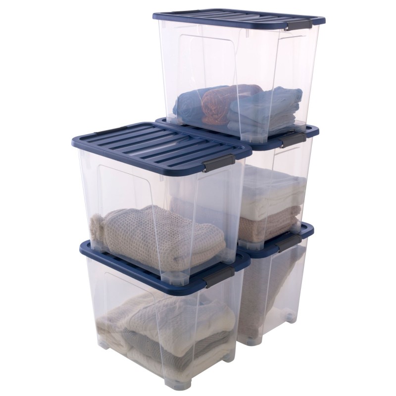 sundis Lot de 5 boîtes de rangement en plastique transparent 60L XL empilables avec roues et couvercle clipsable WAVE BOX sundis Lot de 5 boîtes de rangement en plastique transparent 60L XL empilables avec roues et couvercle clipsable WAVE BOX