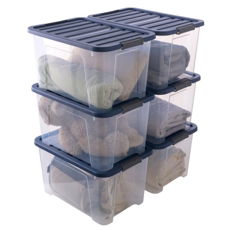sundis Lot de 6 boîtes de rangement en plastique transparent 45L empilables avec couvercle clipsable WAVE BOX