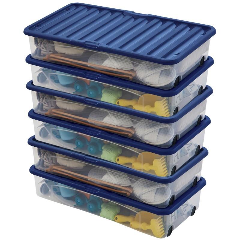 sundis Lot de 6 boîtes de rangement sous le lit 35L avec couvercle et roues VENTILI - bleu