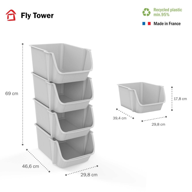 Sundis Lot De 8 Tours De 4 Bacs De Rangement En Plastique Empilables FLY TOWER - Blanc Cassé