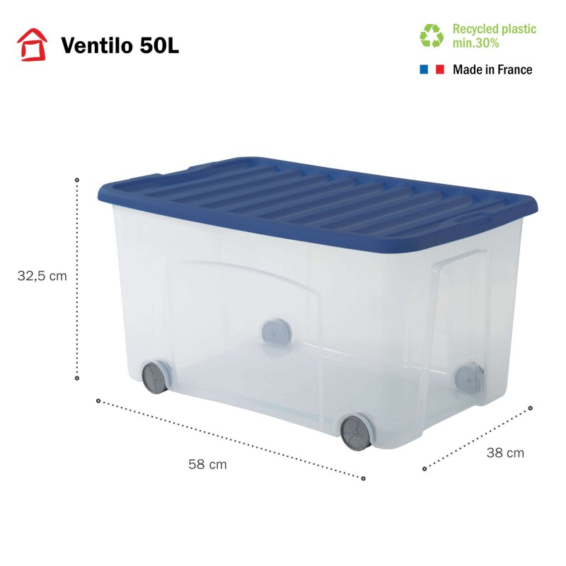 Sundis Lots De 3 Boîtes De Rangement à Roulettes 50L Avec Couvercle VENTILO - Bleu
