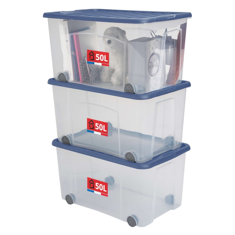 sundis Lots de 3 boîtes de rangement à roulettes 50L avec couvercle VENTILO - bleu