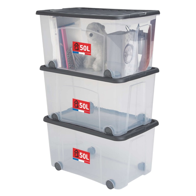 sundis Lots de 3 boîtes de rangement à roulettes 50L avec couvercle VENTILO - gris