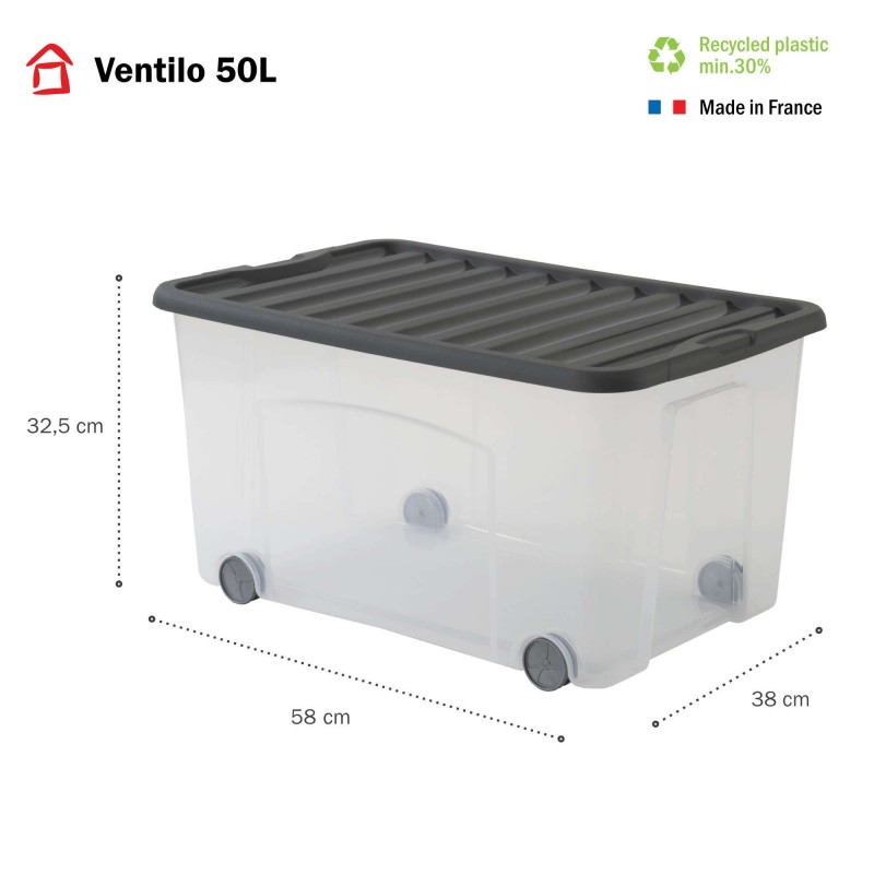 Sundis Lots De 6 Boîtes De Rangement à Roulettes 50L Avec Couvercle VENTILO - Gris