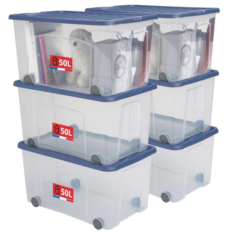 sundis Lots de 6 boîtes de rangement à roulettes 50L avec couvercle VENTILO - bleu