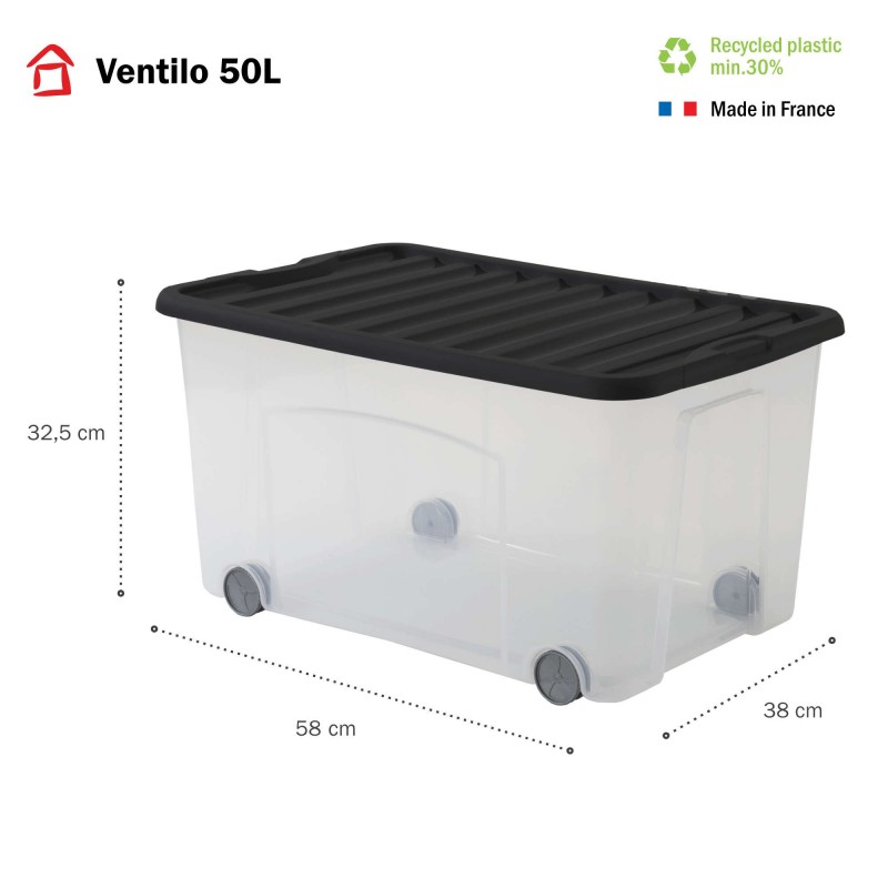 Sundis Lots De 6 Boîtes De Rangement à Roulettes 50L Avec Couvercle VENTILO - Noir
