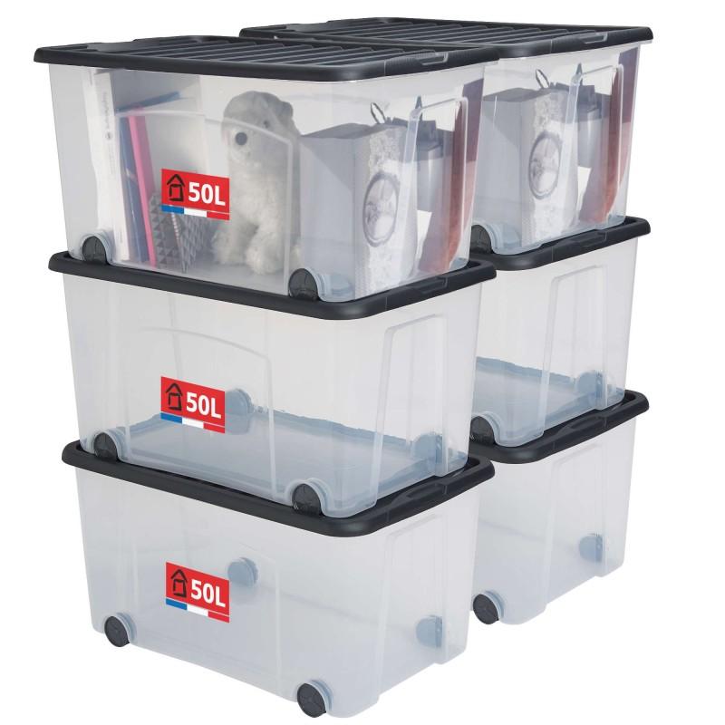 sundis Lots de 6 boîtes de rangement à roulettes 50L avec couvercle VENTILO - noir