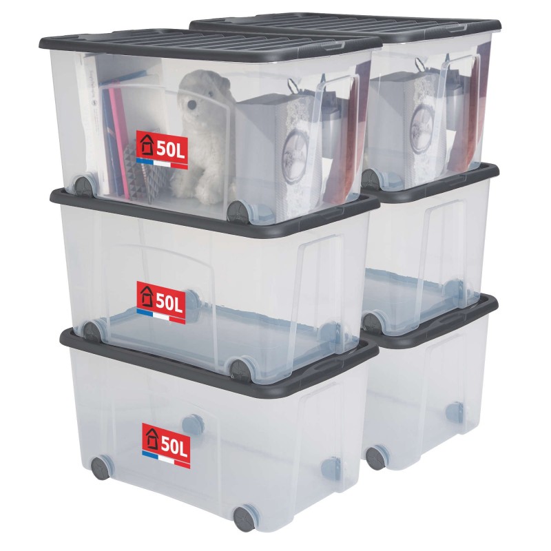 sundis Lots de 6 boîtes de rangement à roulettes 50L avec couvercle VENTILO - gris
