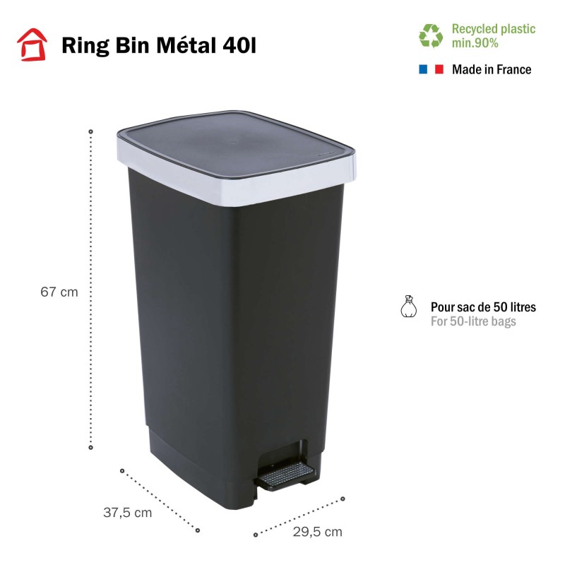 Sundis Poubelle à Pédale 40 Litres Rectangulaire En Plastique Recyclé RING BIN - Métal