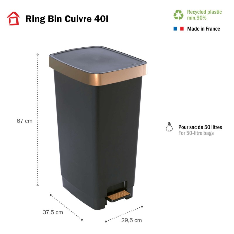 Sundis Poubelle à Pédale 40 Litres Rectangulaire En Plastique Recyclé RING BIN - Cuivre