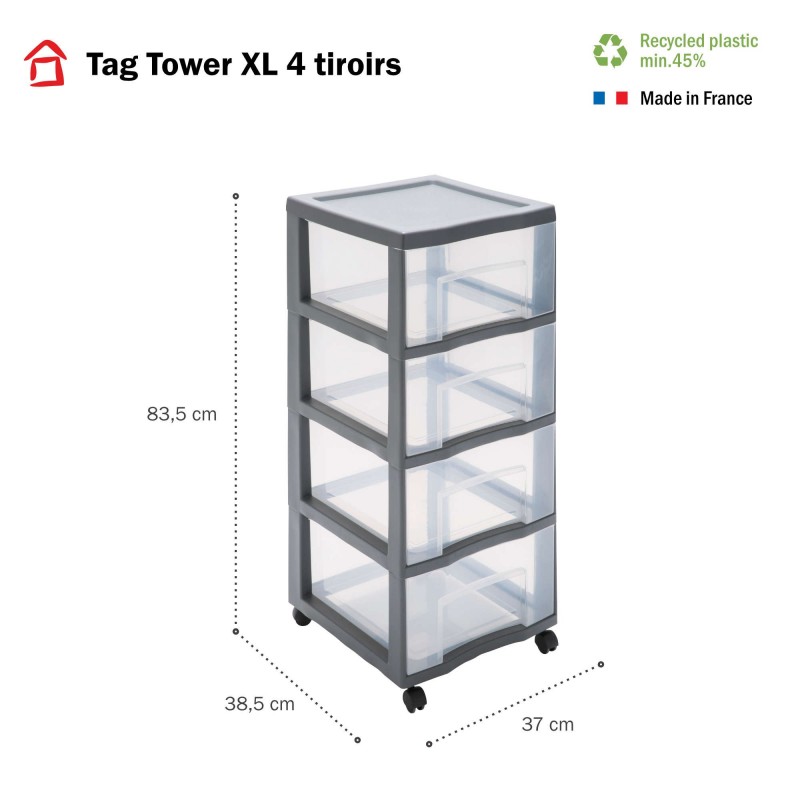 Sundis Tour De Rangement Plastique à Roulettes Tag Tower XL 4 Tiroirs Transparents - Gris