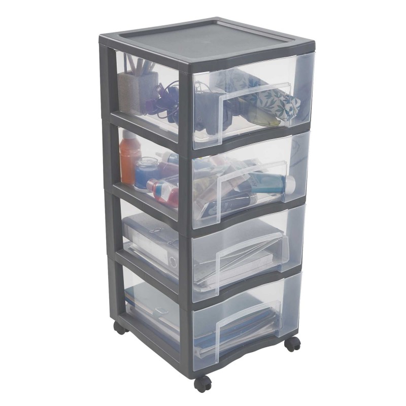 sundis Tour de rangement plastique à roulettes Tag Tower XL 4 tiroirs transparents - gris