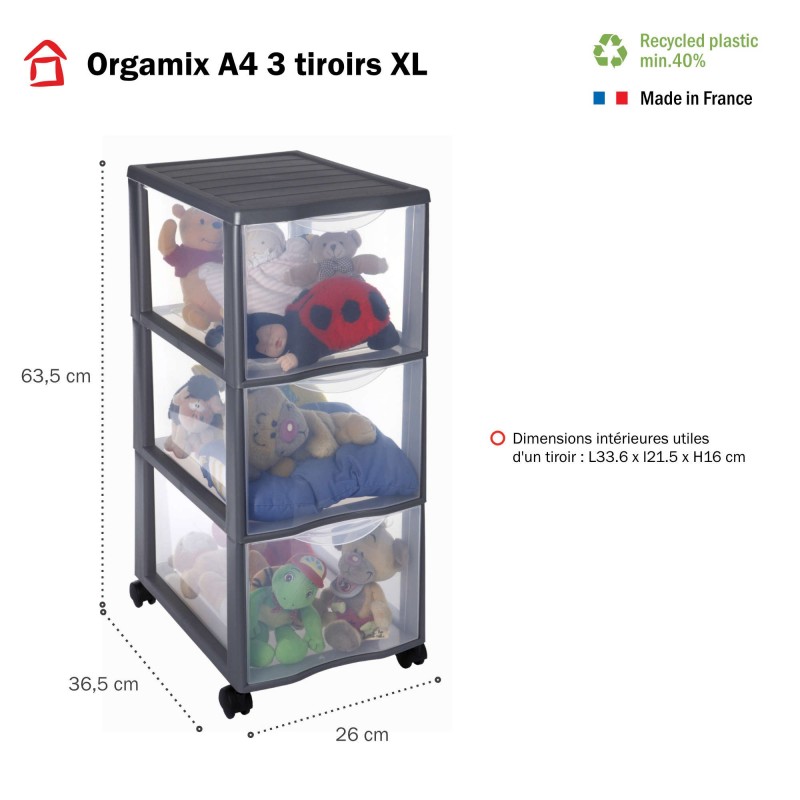 Sundis Tour De Rangement Plastique A4 Avec Roues Orgamix 3 Grands Tiroirs Transparents - Gris