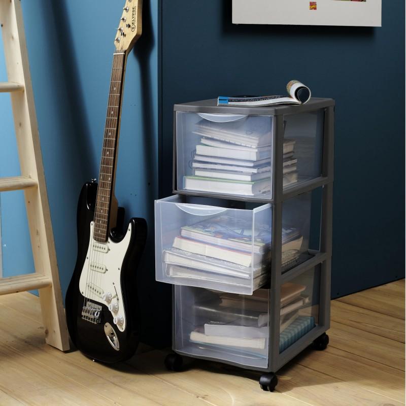 Sundis Tour De Rangement Plastique A4 Avec Roues Orgamix 3 Grands Tiroirs Transparents - Gris