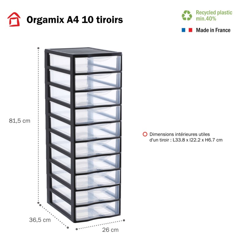 Sundis Tour De Rangement Plastique A4 Orgamix 10 Tiroirs Transparents - Noir