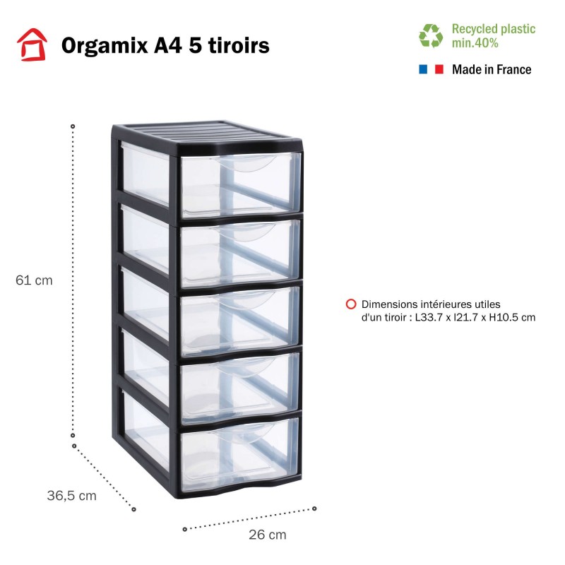 Sundis Tour De Rangement Plastique A4 Orgamix 5 Tiroirs Transparents - Noir