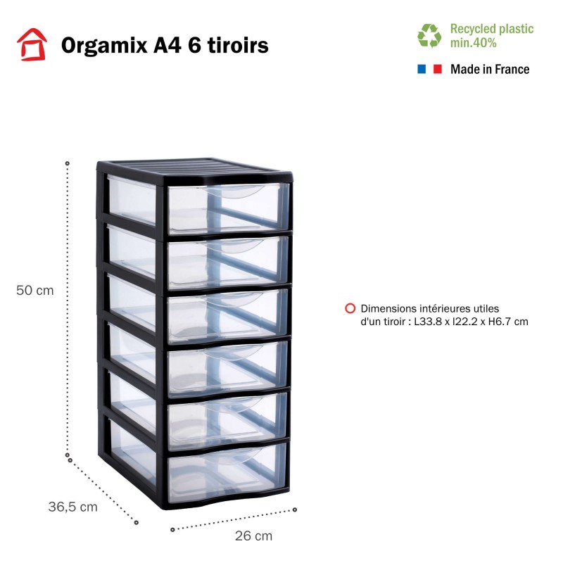 Sundis Tour De Rangement Plastique A4 Orgamix 6 Tiroirs Transparents - Noir